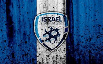 Israel national football team, 4k, logo, grunge, Europe, football, stone texture, soccer, Israel, European national teams