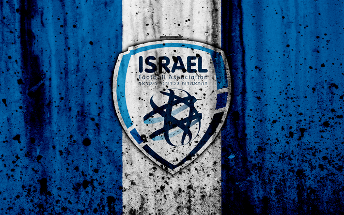 Israel national football team, 4k, logotyp, grunge, Europa, fotboll, sten struktur, Israel, Europeiska landslag