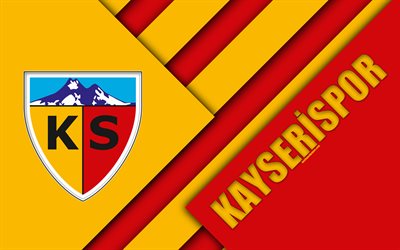 Kayserispor FC, emblema, 4k, design de material, logo, Turco futebol clube, vermelho amarelo abstra&#231;&#227;o, Super League Turca, Kayseri, A turquia, Super Liga