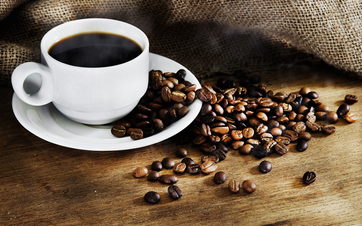 black coffee, white cup, coffee beans, bag, coffee