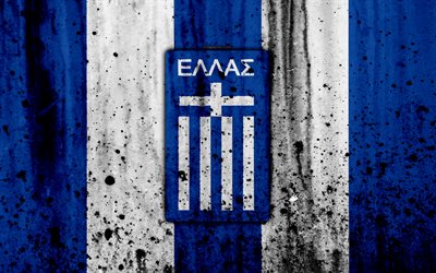 Greece national football team, 4k, logo, grunge, Europe, football, stone texture, soccer, Greece, European national teams