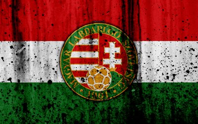 Hungary national football team, 4k, logo, grunge, Europe, football, stone texture, soccer, Hungary, European national teams