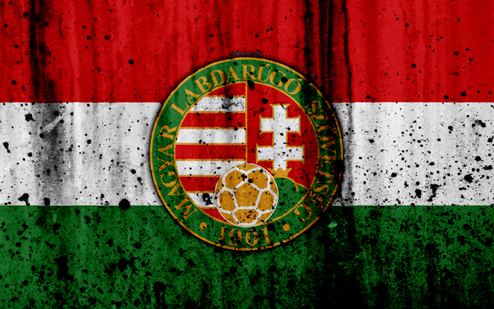 Ungheria squadra nazionale di calcio, 4k, logo, grunge, l&#39;Europa, il calcio, pietra, texture, calcio, Ungheria, squadre nazionali Europee