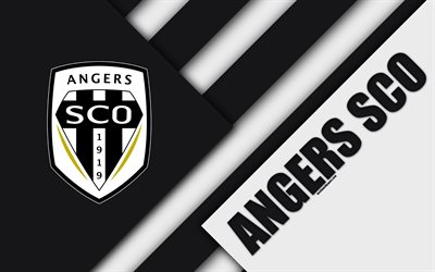 Angers SCO, 4k, design de material, logo, Clube de futebol franc&#234;s, branco preto abstra&#231;&#227;o, Ligue 1, Irrita, Fran&#231;a, futebol