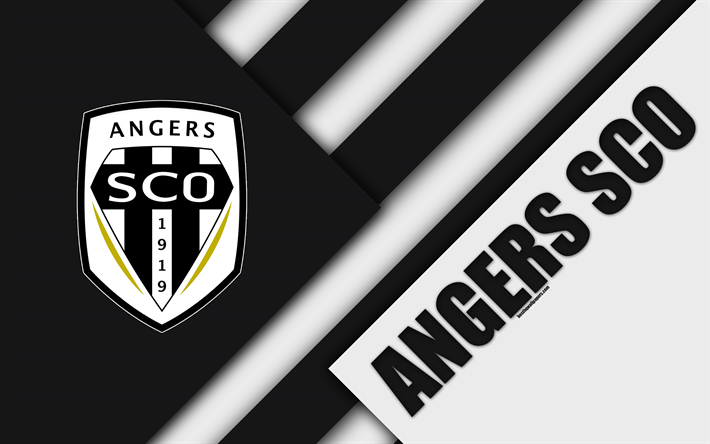 Angers SCO, 4k, material och design, logotyp, Franska fotbollsklubben, vit svart uttag, Ligue 1, Angers, Frankrike, fotboll