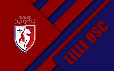 Lille OSC, 4k, malzeme tasarım, kırmızı, mavi soyutlama, Lille logo, Fransız Futbol Kul&#252;b&#252;, 1 İzle, Lille, Fransa, futbol