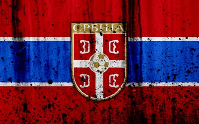 Serbia national football team, 4k, logo, grunge, Europe, football, stone texture, soccer, Serbia, European national teams