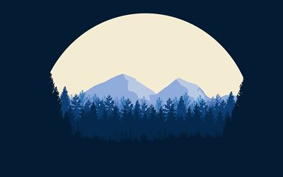 4k, moon, dağlar, orman, minimal