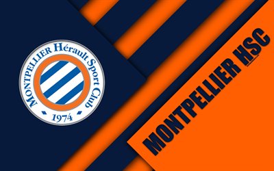 Montpellier HSC, 4k, material och design, logotyp, Franska fotbollsklubben, orange bl&#229; abstraktion, Ligue 1, Montpellier, Frankrike, fotboll