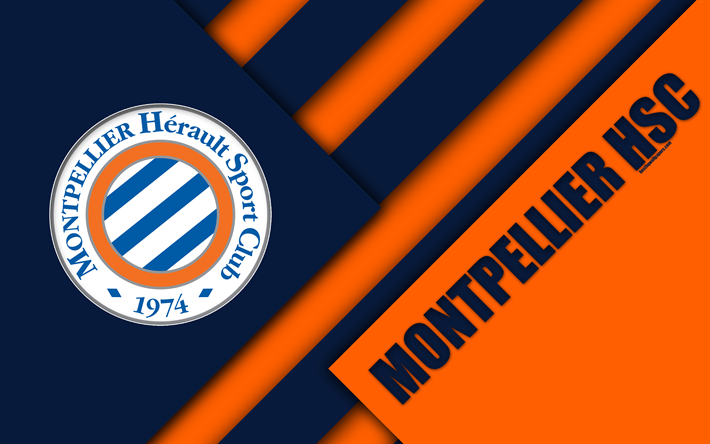 Montpellier HSC, 4k, materiaali suunnittelu, logo, Ranskan football club, oranssi sininen abstraktio, Ligue 1, Montpellier, Ranska, jalkapallo