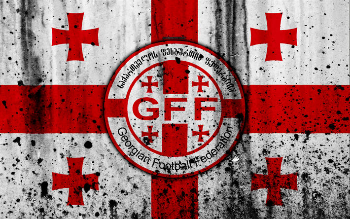 Georgien landslaget, 4k, logotyp, grunge, Europa, fotboll, sten struktur, Georgien, Europeiska landslag
