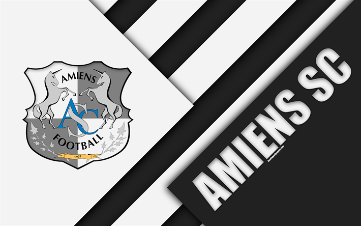 Amiens SC, 4k, design de material, Amiens logotipo, Clube de futebol franc&#234;s, preto branco abstra&#231;&#227;o, Ligue 1, Amiens, Fran&#231;a, futebol