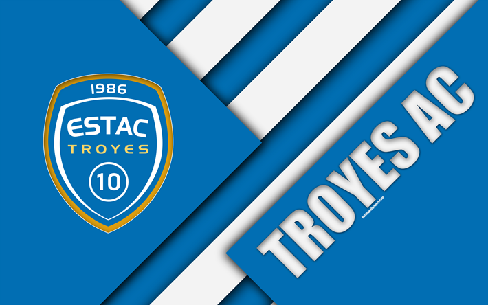 ON Troyes AC, 4k, materiaali suunnittelu, sininen valkoinen abstraktio, Troyes-logo, Ranskan football club, Ligue 1, Troyes, Ranska, jalkapallo