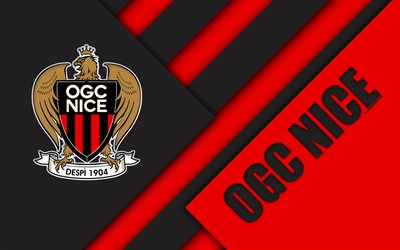 OGC Nice, 4k, material design, Nice logo, French football club, black red abstraction, Ligue 1, Nice, France, football