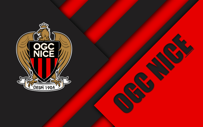 OGC Nice, 4k, material och design, Snygg logotyp, Franska fotbollsklubben, svart-r&#246;d-uttag, Ligue 1, Nice, Frankrike, fotboll