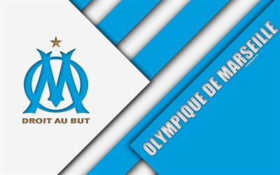 1 Olympique de Marseille, 4k, malzeme tasarım, OM logo, İngiliz Futbol Kul&#252;b&#252;, mavi soyutlama, İzle, Marsilya, Fransa, futbol