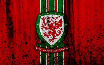 Wales landslag i fotboll, 4k, logotyp, grunge, Europa, fotboll, sten struktur, Wales, Europeiska landslag