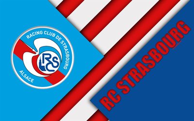 1 RC Strasbourg Alsace, 4k, malzeme tasarımı, logo, Fransız Futbol Kul&#252;b&#252;, Mavi Kırmızı soyutlama, İzle, Strazburg, Fransa, futbol