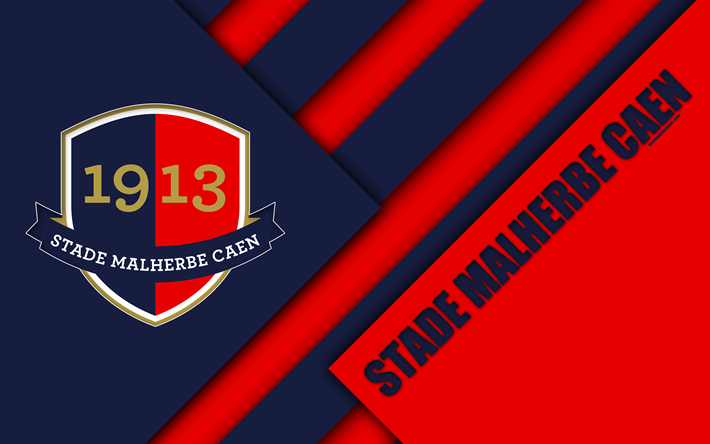 Stade Malherbe Caen, 4k, azul vermelho abstra&#231;&#227;o, design de material, Caen logotipo, Clube de futebol franc&#234;s, Ligue 1, Cahn, Fran&#231;a, futebol