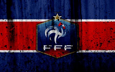 France national football team, 4k, logo, FFF, grunge, Europe, football, stone texture, soccer, France, European national teams