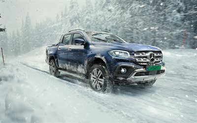 Mercedes-Benz X-Clase de 2018, azul SUV, pick-up, invierno, nieve, azul, montar a caballo en la nieve X-Class, Mercedes, 4k