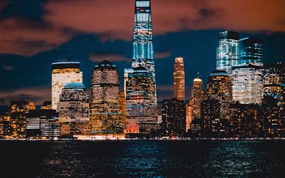 Nueva York, Manhattan, 4k, paisajes nocturnos, los rascacielos, los estados UNIDOS, estados unidos, ciudad de nueva york