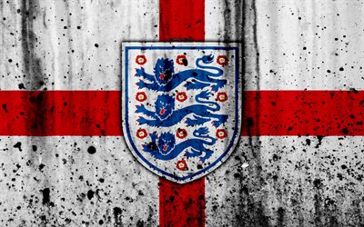 Inghilterra squadra nazionale di calcio, 4k, emblema, il grunge, l&#39;Europa, il calcio, bandiera inglese, pietra, texture, calcio, Inghilterra, squadre nazionali Europee