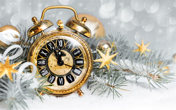 السنة الجديدة, الذهب القديم مشاهدة, 2018, منتصف الليل, شجرة عيد الميلاد, الثلوج, الشتاء, الوقت