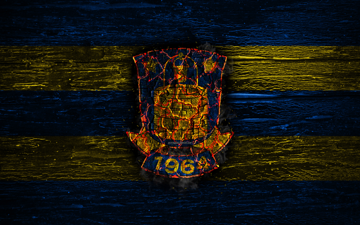 Br&#246;ndby-FC, fire-logotypen, Danska Superliga, bl&#229; och gula linjer, Danska fotbollsklubben, Br&#248;ndby IF, grunge, fotboll, Brondby logotyp, tr&#228;-struktur, Danmark