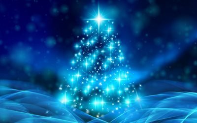 青いクリスマスツリー, 4k, 抽象画美術館, 冬, 新年のツリー, ネオンのクリスマスツリー, 謹賀新年, クリスマス