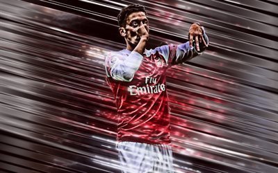 Mesut Ozil, 4k, Arsenal FC, Tysk fotbollsspelare, kreativ konst, blad stil, Premier League, England, r&#246;d bakgrund, linjer konst, fotboll