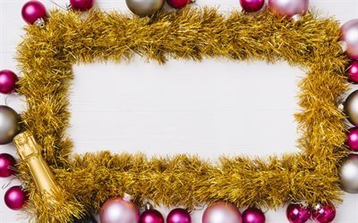 Golden Christmas frame, white background, New Year, Christmas, champagne, purple balls, Happy Christmas
