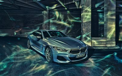 4k, BMW Serie 8, notte, luci al neon, 2019 auto, BMW M8, 8-Serie a notte, le auto tedesche, BMW