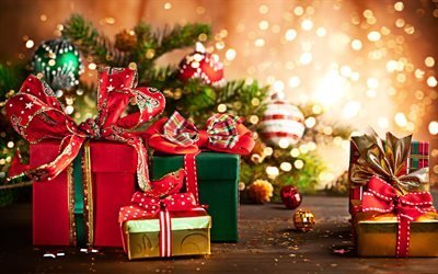 新年の贈り物, 4k, メリークリスマス, 謹賀新年, クリスマスの飾り, ギフト箱, クリスマスギフト