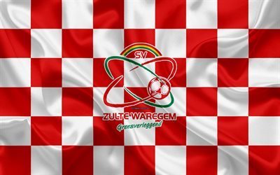 SV Zulte Waregem, 4k, logotipo, arte creativo, rojo y blanco de la bandera a cuadros, el Belga club de f&#250;tbol de la Jupiler Pro League Belga de Primera Divisi&#243;n A, con el emblema de la seda textura, Waregem, B&#233;lgica, el f&#250;tbol