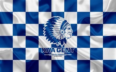KAA Gent, 4k, logo, creative art, blue white checkered flag, Belgian football club, Jupiler Pro League, Belgian First Division, silk texture, Gent, Belgium, football, Gent FC