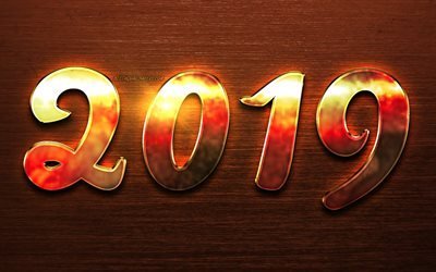 Happy New Year 2019, artwork, 2019 bronze digits, creative, brown background, 2019 concepts, 2019 on metal grid, 2019 year digits