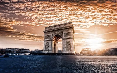 O arco do Triunfo, p&#244;r do sol, Noite Em Paris, Franc&#234;s marcos, monumento, Arco Triunfal, Paris, Fran&#231;a, Europa