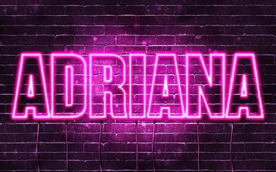 Adriana, 4k, wallpapers with names, female names, Adriana name, purple neon lights, horizontal text, picture with Adriana name