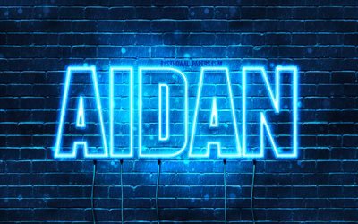 Aidan, 4k, les papiers peints avec les noms, le texte horizontal, Aidan nom, bleu n&#233;on, une photo avec le nom Aidan