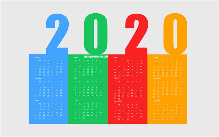 2020 Kağıt Takvim, her ay, soyut arka plan, 2020 takvimi, 2020 kavramları, kağıt sanat