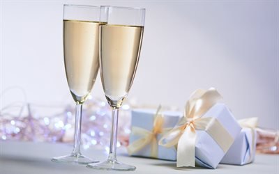 champagne, gifts, Happy New Year, beige silk bows, champagne glasses, holiday