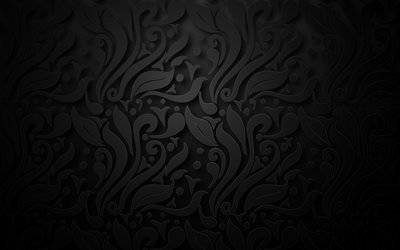 black ornaments texture, black background, floral ornaments background, black texture