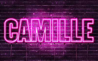 Camille, 4k, pap&#233;is de parede com os nomes de, nomes femininos, Camille nome, roxo luzes de neon, texto horizontal, imagem com Camille nome