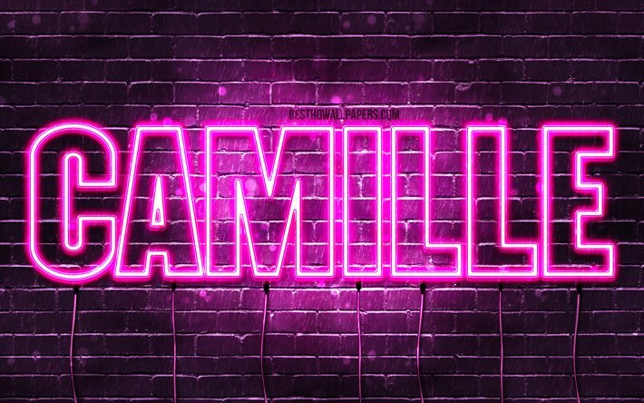 Camille, 4k, fondos de pantalla con los nombres, los nombres femeninos, Camille nombre, p&#250;rpura luces de ne&#243;n, el texto horizontal, imagen con el nombre de Camille