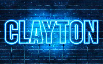 Clayton, 4k, wallpapers with names, horizontal text, Clayton name, blue neon lights, picture with Clayton name