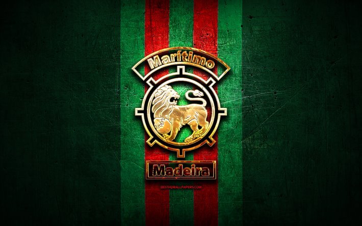 Maritimo FC, golden logo, Primeira Liga, green metal background, football, CS Maritimo, portuguese football club, Maritimo logo, soccer, Portugal