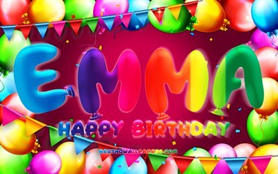 お誕生日おめでEmma, 4k, カラフルバルーンフレーム, 女性の名前, Emma氏名, 紫色の背景, Emmaお誕生日おめで, Emma誕生日, 人気のイタリア女性の名前, 誕生日プ, Emma