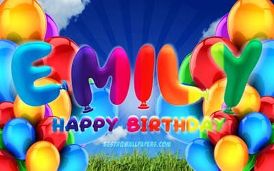 エミリー-お誕生日おめで, 4k, 曇天の背景, 人気のイタリア女性の名前, 誕生パーティー, カラフルなballons, エミリ名, お誕生日おめでエミリー, 誕生日プ, エミリー-お誕生日, エミリ