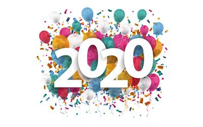 Happy New Year 2020, 4k, colorful balloons, abstract art, 2020 concepts, 2020 white digits, white backgrounds, 2020 paper art, creative, 2020 year digits